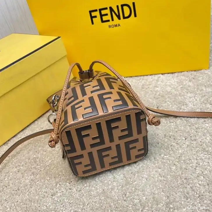 Affordable FF Mini In Khaki Bag Bucket Calf Motif Tresor Fendi Mon Leather 0404 HOT SALE